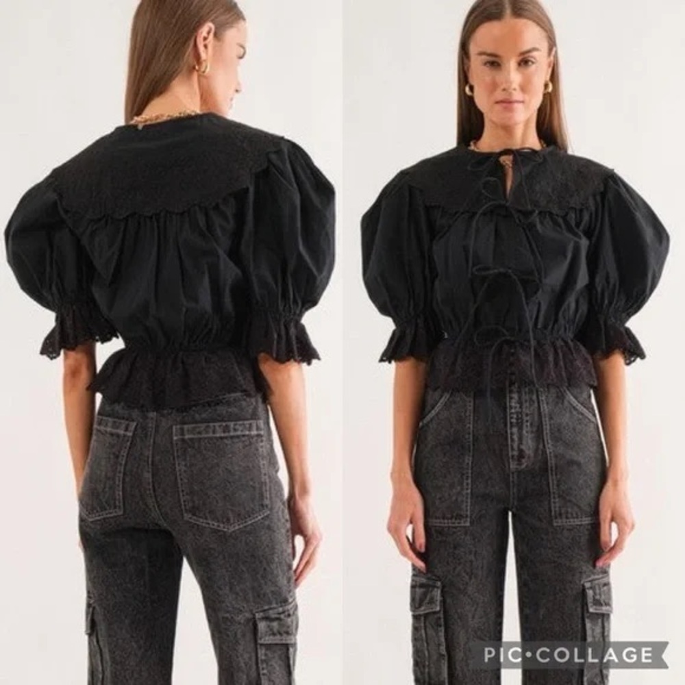 Chic Black Women's Blouse with Puff Sleeves